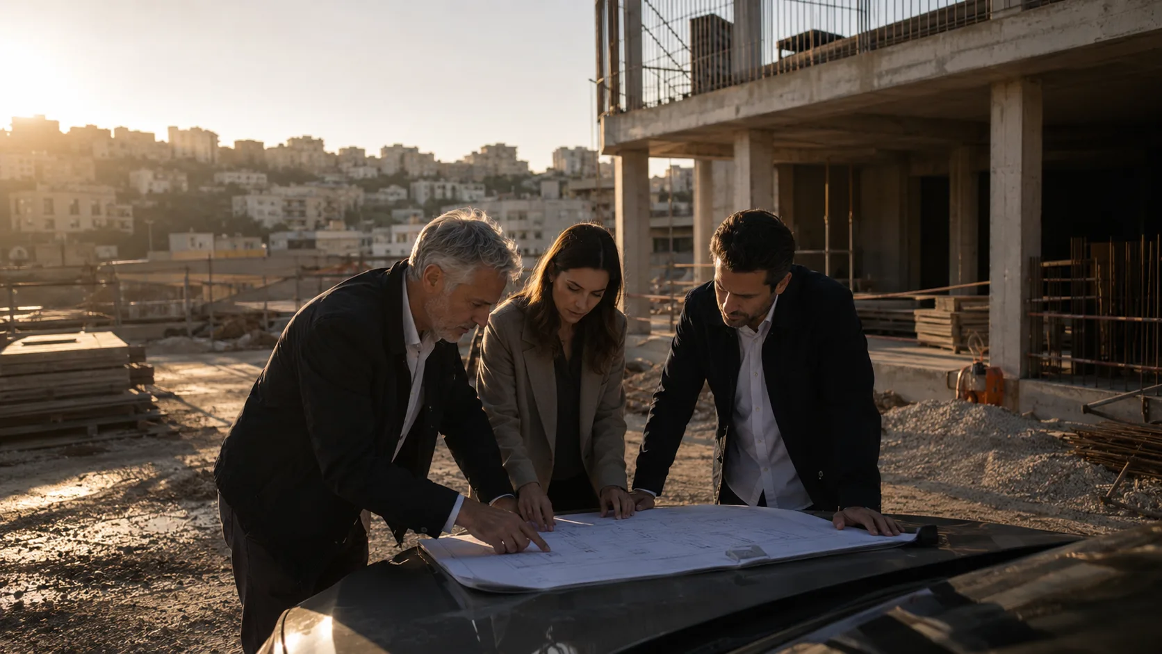 צוות יועצים בוחן תוכניות בנייה באתר בינוי